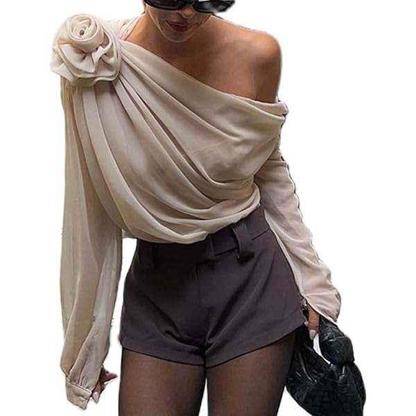 Women One Shoulder Long Sleeve Tops Chiffon Ruffle 3D Floral